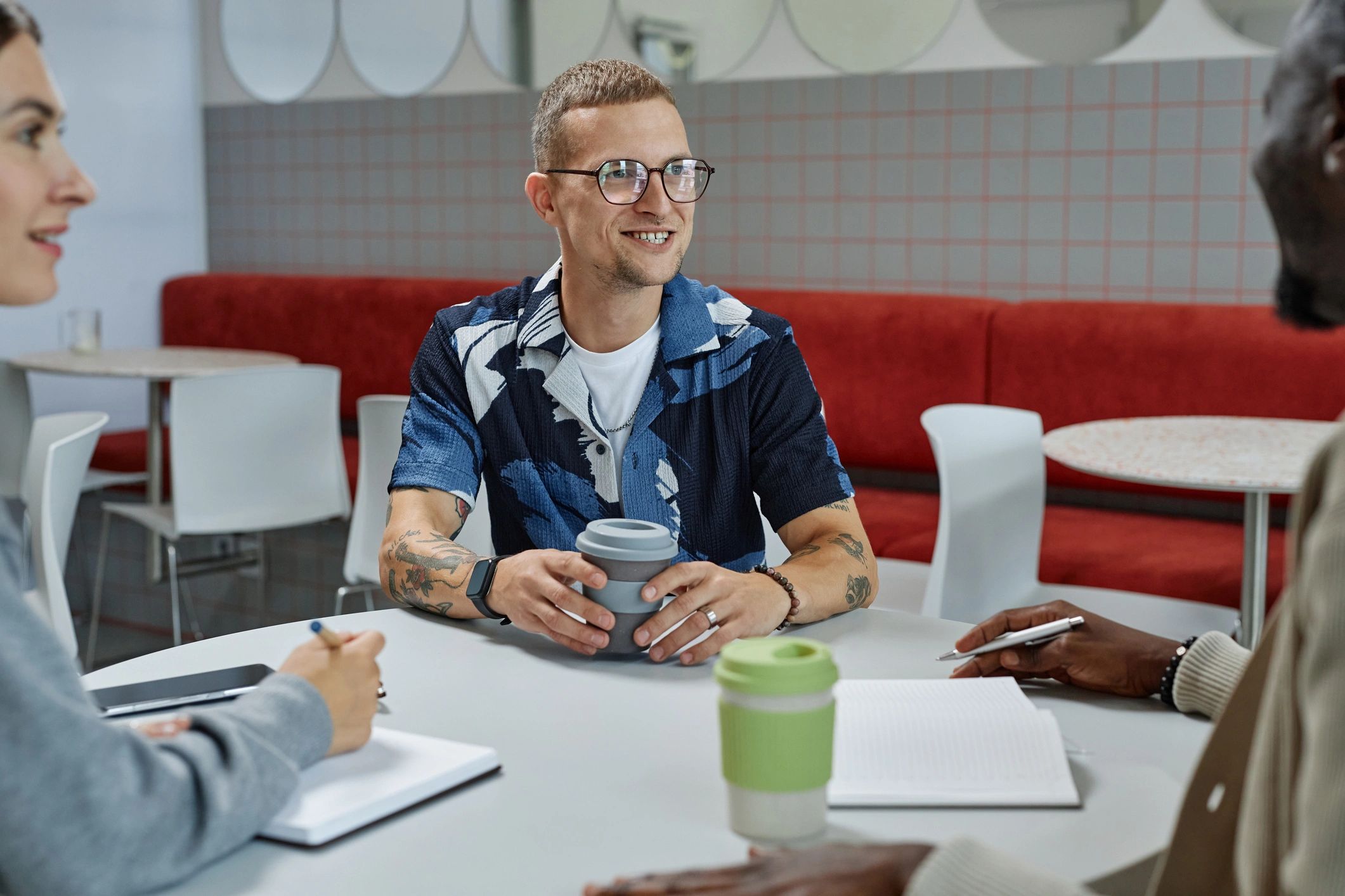 Business professionals discussing strategy at a table